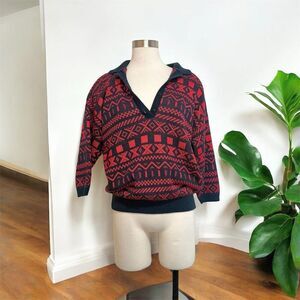 Vintage Garland Blue Black Red Polo Collared Sweater Button M Geo Geometric